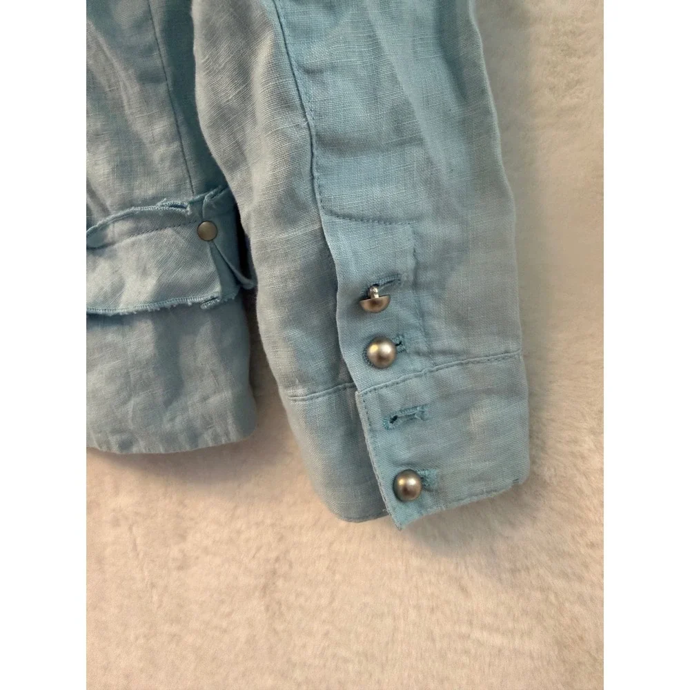 Think Tank Women L 100% Linen Ruffle Hook Eye Cropped Jacket Blazer 3/4 Sleeve